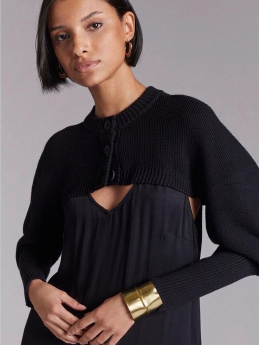 Anthropologie 525 America Cropped Button Front Shrug Bolero Black Size M/L